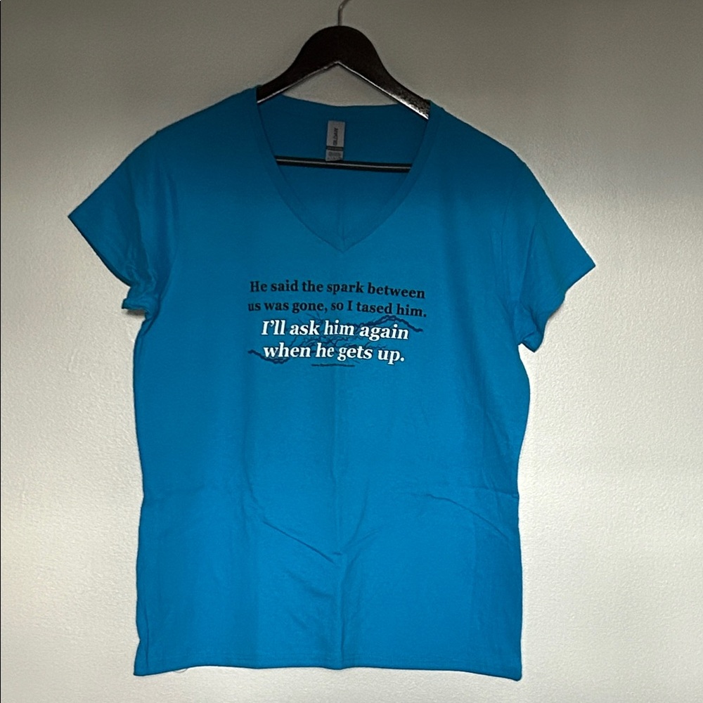 Gildan Turquoise Blue V-Neck Tee with Quote